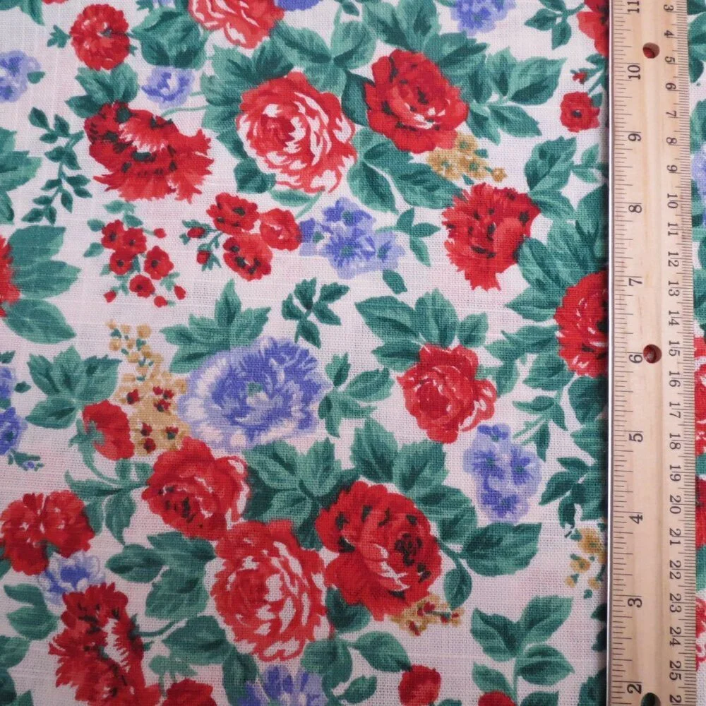 Floral Fabric Rose Blue Red By the Yard Craft Material #79